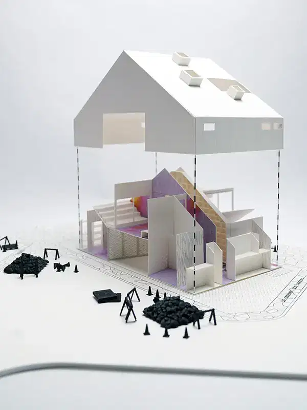 Architectural model composed of layered panels and translucent resin components with printed surface details