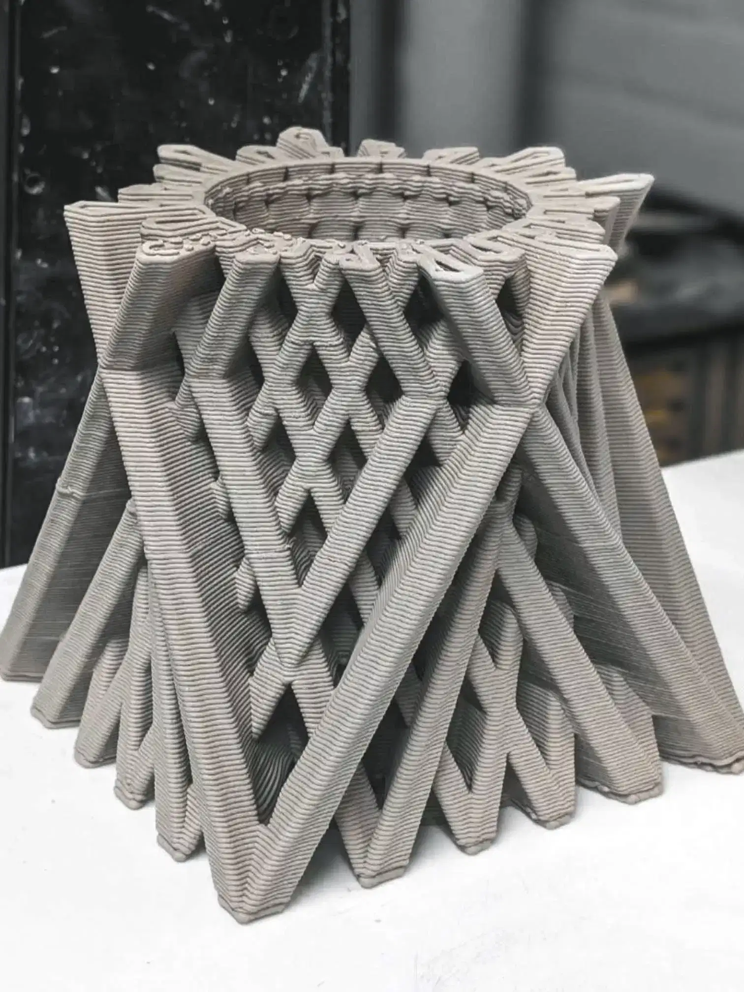 An ornamental ceramic 3D print produced in the Assembly Loop Lab