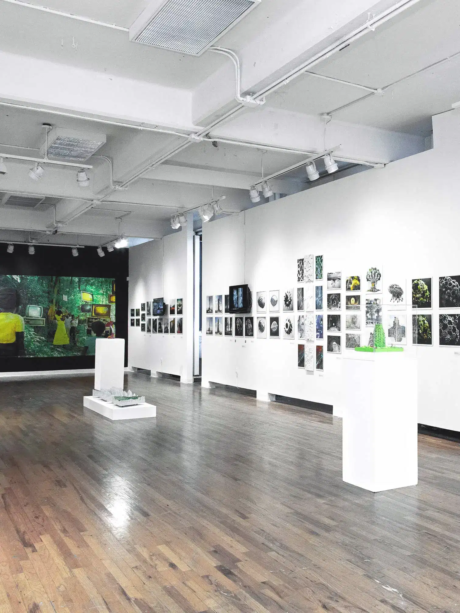 Installation view of “Transductions” exhibition at Pratt School of Architecture in a white gallery space